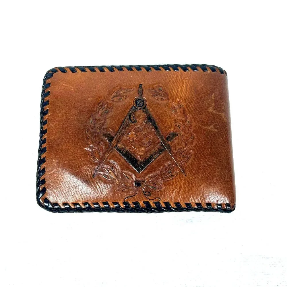 Vintage Hand-Tooled Leather Masonic Past Master Wallet - Blue Lodge